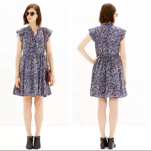 Madewell 100% Silk Blue Newsprint Floral Ruffle Cap Sleeve Silk Dress Womens 10 - Picture 1 of 8